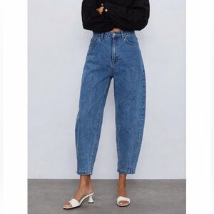 Zara Premium The Petit High Rise Balloon Barrel Leg Jeans Sz 4 Structured Taper